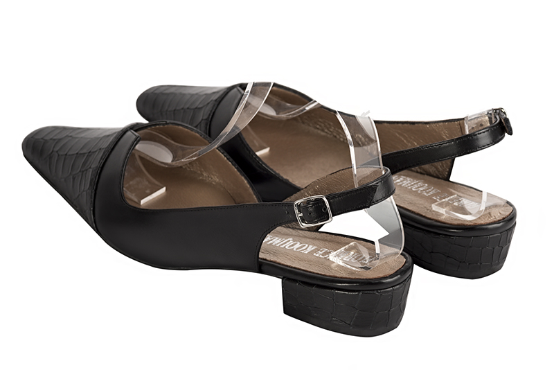 Satin black women's open back shoes, with a knot. Tapered toe. Low block heels. Rear view - Florence KOOIJMAN